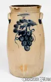 Rare 5 Gal. COWDEN & WILCOX / HARRISBURG, PA Stoneware Churn w/ Bold Grapes by Cowden & Wilcox, circa 1865, Stoneware, sold Mar 2018