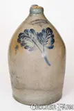 4 Gal. COWDEN & WILCOX / HARRISBURG, PA Stoneware Jug w/ Leaf by Cowden & Wilcox, circa 1865, Stoneware, sold Mar 2018