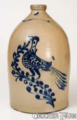 W. Robert, W. ROBERT / BINGHAMTON 4 Gal. Stoneware Jug w/ Elaborate Slip-Trailed Bird, circa 1870, Stoneware