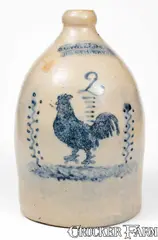 J. C. Waelde, Rare J. C. WAELDE / NORTH BAY Stoneware Jug w/ Elaborate Rooster Decoration, circa 1860, Stoneware