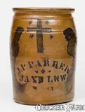 J. P. Parker, Fine J. P. PARKER / JANE LEW Stoneware Jar w/ Stenciled Cross, circa 1870, Stoneware