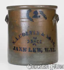 S. A. Colvin & Sons, Rare 2 Gal. S. A. COLVIN & SONS / JANE LEW, W.VA Stoneware Jar, circa 1880, Stoneware