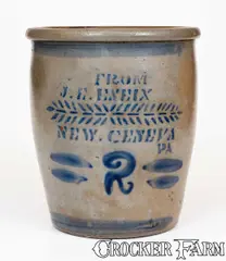 From J. E. Eneix, 2 Gal. FROM J. E. ENEIX / NEW GENEVA, PA Stoneware Cream Jar, circa 1875, Stoneware