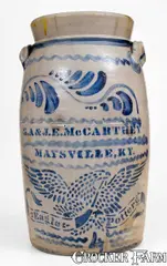 G. A. & J. E. Mccarthey, 4 Gal. G. A. & J. E. MCCARTHEY / MAYSVILLE, KY Stoneware Churn, EAGLE POTTERY, circa 1870, Stoneware