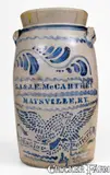 G. A. & J. E. Mccarthey, 4 Gal. G. A. & J. E. MCCARTHEY / MAYSVILLE, KY Stoneware Churn, EAGLE POTTERY, circa 1870, Stoneware