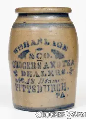 Wm. Haslage, WM. HASLAGE / GROCERS AND TEA DEALERS / PITTSBURGH Advertising Jar, circa 1875, Stoneware