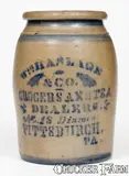 Wm. Haslage, WM. HASLAGE / GROCERS AND TEA DEALERS / PITTSBURGH Advertising Jar, circa 1875, Stoneware