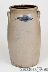 Sawyer & Smith, Rare SAWYER & SMITH / AKRON, OH Stoneware Churn with Floral Decoration, mid 19th century, Stoneware