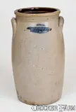 Sawyer & Smith, Rare SAWYER & SMITH / AKRON, OH Stoneware Churn with Floral Decoration, mid 19th century, Stoneware