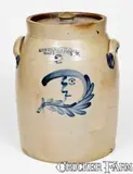 2 Gal. COWDEN & WILCOX / HARRISBURG, PA Stoneware Jar with Man-in-the-Moon Decoration by Cowden & Wilcox, circa 1865, Stoneware, sold Oct 2017