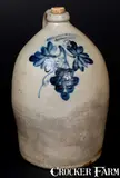 COWDEN & WILCOX / HARRISBURG, PA Stoneware Jug w/ Grapes Decoration by Cowden & Wilcox, circa 1865, Stoneware, sold Oct 2017