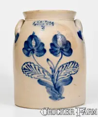 2 Gal. J. MANTELL / PENN YAN Stoneware Jar with Floral Decoration by J Mantell, circa 1860, Stoneware, sold Oct 2017