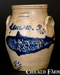 I. H. Wands, Extremely Rare I. H. WANDS / OLEAN, NY Stoneware Fish Water Cooler w/ Genesee River Inscription, circa 1855, Stoneware