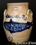 I. H. Wands, Extremely Rare I. H. WANDS / OLEAN, NY Stoneware Fish Water Cooler w/ Genesee River Inscription, circa 1855, Stoneware