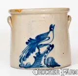 Riedinger & Caire, 2 Gal. RIEDINGER & CAIRE / POUGHKEEPSIE, NY Stoneware Crock w/ Bird-on-Stump Decoration