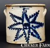 T. Harrington, Fine 4 Gal. T. HARRINGTON / LYONS Stoneware Crock with Slip-Trailed Starface Decoration, circa 1860, Stoneware
