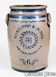 Hamilton & Jones, 6 Gal. HAMILTON & JONES / GREENSBORO, PA Stoneware Jar w/ Baltimore Lid