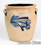 COWDEN & WILCOX / HARRISBURG, PA Stoneware Jar with Cherries Decoration by Cowden & Wilcox, circa 1865, Stoneware, sold Oct 2017