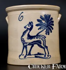 6 Gal. HUBBELL & CHEESBRO / GEDDES, NY Stoneware Crock w/ Elaborate Deer Scene by Hubbell & Cheesbro, circa 1870, Stoneware, sold Jul 2017