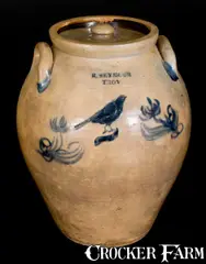 Robert Seymour, Rare 3 Gal. R. SEYMOUR / TROY Ovoid Stoneware Lidded Jar w/ Incised Bird, circa 1830, Stoneware