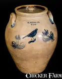 Robert Seymour, Rare 3 Gal. R. SEYMOUR / TROY Ovoid Stoneware Lidded Jar w/ Incised Bird, circa 1830, Stoneware