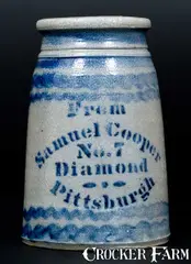From Samuel Cooper, Elaborate Stoneware Canning Jar, "From Samuel Cooper / No. 7 Diamond / Pittsburgh", circa 1875, Stoneware