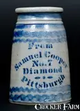 From Samuel Cooper, Elaborate Stoneware Canning Jar, "From Samuel Cooper / No. 7 Diamond / Pittsburgh", circa 1875, Stoneware
