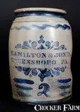2 Gal. HAMILTON & JONES / GREENSBORO, PA Stoneware Jar by Hamilton & Jones, circa 1875, Stoneware, sold Jul 2017