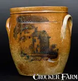 M. Woodruff, Very Rare M. WOODRUFF / CORTLAND Stoneware Jar with House and Tree Decoration