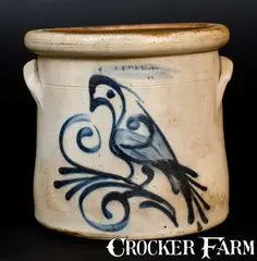 2 Gal. FLACK & VAN ARSDALE / CORNWALL, ONT. Stoneware Crock w/ Bird Design by Flack & Van Arsdale, circa 1875, Stoneware, sold Jul 2017