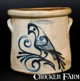 Flack & Van Arsdale, 2 Gal. FLACK & VAN ARSDALE / CORNWALL, ONT. Stoneware Crock w/ Bird Design, circa 1875, Stoneware