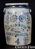 Jas. Hamilton & Co., 4 Gal. JAS. HAMILTON & CO. / GREENSBORO, PA Stoneware Jar, circa 1875, Stoneware