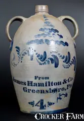 From James Hamilton & Co., 4 Gal. "From James Hamilton & Co. / Greensboro, Pa." Double-Handled Stoneware Jug, circa 1875, Stoneware