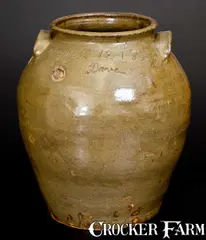 David Drake, Rare and Important "Dave / August 12 . 1851 / Lm" Edgefield District, SC Stoneware Jar, 1851, Stoneware