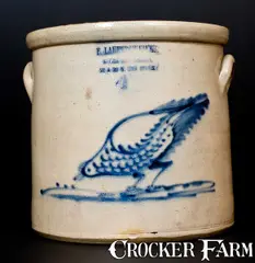 F. Laufersweiler, Scarce F LAUFERSWEILER / EMPIRE CITY POTTERY / NY Stoneware Chicken Crock, circa 1880, Stoneware