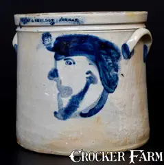 Morton & Sheldon, Very Rare MORTON & SHELDON / JORDAN, NY Stoneware Jar w/ Man's Head Decoration, circa 1840-1845, Stoneware