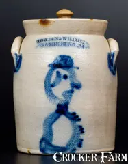 Cowden & Wilcox, Exceptional COWDEN & WILCOX / HARRISBURG, PA Stoneware Jar w/ Hatted Man Design, circa 1865, Stoneware