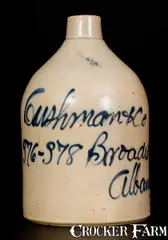 Stoneware "Cushman & Co. / Albany, NY" Script Advertising Jug by Cushman & Co., third quarter 19th century, Stoneware, sold Mar 2017