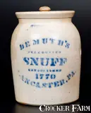 F.H. Cowden, One-Gallon DEMUTH'S SNUFF Lidded Stoneware Jar (F.H COWDEN / HARRISBURG), circa 1880, Stoneware