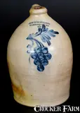 COWDEN & WILCOX / HARRISBURG, PA Stoneware Jug w/ Grapes Decoration by Cowden & Wilcox, circa 1865, Stoneware, sold Mar 2017