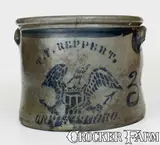 T.F. Reppert, T. F. REPPERT / GREENSBORO, PA Stoneware Cake Crock w/ Stenciled Eagle Decoration, circa 1880, Stoneware