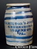 HAMILTON & JONES / GREENSBORO / GREENE CO., PA Stoneware Jar with Stripes by Hamilton & Jones, circa 1875, Stoneware, sold Mar 2017
