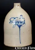 J. Fisher, J. FISHER / LYONS, NY Stoneware Jug with Slip-Trailed "Lyons", circa 1890, Stoneware