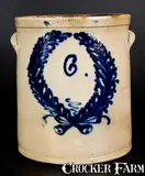 John Burger, 6 Gal. JOHN BURGER / ROCHESTER Stoneware Crock w/ Fine Foliate Wreath Decoration, circa 1860, Stoneware