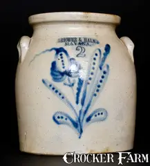 Brewer & Halm, BREWER & HALM. / HAVANA, New York Stoneware Jar w/ Cobalt Floral Decoration, circa 1855, Stoneware
