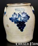 4 Gal. COWDEN & WILCOX / HARRISBURG, PA Stoneware Jar w/ Grapes Decoration by Cowden & Wilcox, circa 1865, Stoneware, sold Mar 2017