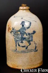 M. Tyler, Very Fine M. TYLER / ALBANY, NY Stoneware Jug with Horse and Rider Decoration, circa 1835, Stoneware