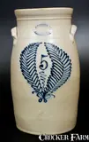 J. Burger Jr, 5 Gal. J. BURGER JR. / ROCHESTER, NY Stoneware Churn w/ Slip-Trailed Wreath Decoration