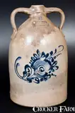5 Gal. NEW YORK STONEWARE CO. / FORT EDWARD, NY Double-Handled Stoneware Jug w/ Floral Decoration by New York Stoneware Co., circa 1875, Stoneware, sold Oct 2016