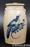 6 Gal. NEW YORK STONEWARE CO. / FORT EDWARD, N.Y. Stoneware Churn w/ Bird Decoration by New York Stoneware Co., circa 1875, Stoneware, sold Oct 2016